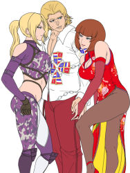 Rule 34 | 1boy, 2girls, anna williams, aunt, aunt and nephew, blonde hair, breasts, brown hair, family, girl sandwich, greco roman (spiral brain), knees, large breasts, legs, lips, midriff, mother and son, multiple girls, namco, nina williams, ponytail, sandwiched, short hair, siblings, sisters, smile, steve fox, tekken