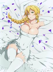 Rule 34 | 1girl, alternate costume, bare shoulders, blonde hair, braid, braided ponytail, breasts, cleavage, collarbone, dress, elbow gloves, garter straps, gloves, green eyes, large breasts, leafa, long hair, looking at viewer, lying, on back, petals, pointy ears, puge, solo, sword art online, thighhighs, thighs, white dress, white gloves, white thighhighs