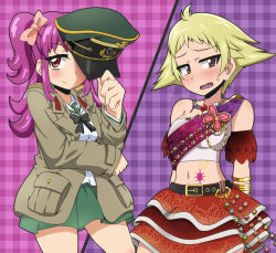 Rule 34 | 10s, 2girls, aikatsu!, aikatsu! (series), arms behind back, belt, blonde hair, blush, bow, bowtie, bracelet, brown eyes, checkered background, cosplay, costume switch, crossover, embarrassed, erwin (cosplay), erwin (girls und panzer), erwin (girls und panzer) (cosplay), flying sweatdrops, frilled skirt, frills, girls und panzer, green skirt, hair ribbon, hat, jacket, jewelry, kani club, long hair, long sleeves, looking at viewer, military, military hat, military uniform, miniskirt, minowa hikari, minowa hikari (cosplay), moriya satomi, multiple girls, navel, necklace, ooarai school uniform, open mouth, peaked cap, pink hair, plaid, plaid background, pleated skirt, purple eyes, ribbon, sash, school uniform, serafuku, short hair, skirt, smile, standing, strapless, sweatdrop, tube top, two side up, uniform, voice actor connection