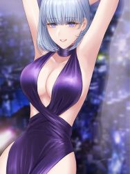 Rule 34 | 1girl, alternate costume, armpits, arms behind head, artist name, bad id, bad twitter id, blurry, blurry background, breasts, cleavage, collarbone, dress, feet out of frame, filha, girls&#039; frontline, grey hair, halterneck, highres, large breasts, light blush, looking at viewer, medium hair, open mouth, parted lips, presenting armpit, purple dress, purple eyes, rpk-16 (girls&#039; frontline), smile, solo, standing