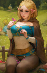 Rule 34 | 1girl, 2boys, artist logo, beedle, blonde hair, blue shirt, blue tunic, blurry, blurry background, braid, brown cape, brown pants, campfire, cape, closed mouth, commentary, crown braid, english commentary, flower, green eyes, hair flower, hair ornament, hairclip, highres, holding, holding flower, kittew, link, lips, long sleeves, multiple boys, musical note, nintendo, off-shoulder shirt, off shoulder, outdoors, paid reward available, pants, patreon username, petals, pink flower, plucking petals, pointy ears, princess zelda, shirt, short hair, sitting, smile, sparkle, textless version, the legend of zelda, the legend of zelda: tears of the kingdom