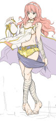 Rule 34 | 1girl, adapted costume, bad feet, bad id, bad pixiv id, bandages, bare shoulders, belt, breasts, cape, celica (fire emblem), cleavage, fire emblem, fire emblem awakening, fire emblem echoes, fire emblem gaiden, full body, holding, holding clothes, jiejio, crossed legs, long hair, nintendo, pink hair, short shorts, shorts, sideboob, simple background, sketch, sleeveless, solo, strapless, tiara, white background