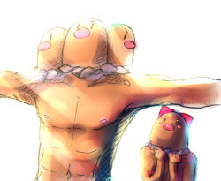 Rule 34 | 1990s (style), 1boy, 1girl, abs, bad id, bad pixiv id, blush stickers, bow, brown theme, creatures (company), dark skin, diglett, dugtrio, epic, evolutionary line, flat chest, game freak, gen 1 pokemon, hands on own chest, light rays, nintendo, nipples, outstretched arms, personification, pokemon, pokemon rgby, retro artstyle, shigaraki (strobe blue), simple background, sunbeam, sunlight, what, white background