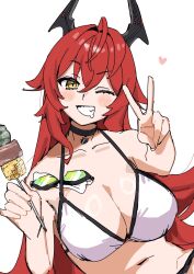 1girl alternate_costume bikini breasts corn food goddess_of_victory:_nikke goggles heart highres horns kebab lia_(pzvs3887) meat mechanical_horns navel one_eye_closed red_hair red_hood_(nikke) simple_background solo swimsuit v white_background white_bikini yellow_eyes