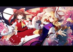 Rule 34 | 2girls, ascot, blonde hair, blurry, blurry background, bow, brown hair, cake mogo, closed mouth, commentary, detached sleeves, dress, english commentary, frilled ascot, frilled bow, frilled shirt collar, frills, hair bow, hair tubes, hakurei reimu, hand fan, hat, hat ribbon, holding, holding fan, juliet sleeves, letterboxed, long sleeves, looking at viewer, mob cap, multiple girls, orange eyes, paper fan, print tabard, puffy sleeves, purple tabard, red bow, red eyes, red ribbon, red shirt, red skirt, ribbon, ribbon-trimmed sleeves, ribbon trim, shirt, skirt, sleeveless, sleeveless shirt, smile, tabard, touhou, white dress, white headwear, yakumo yukari, yellow ascot