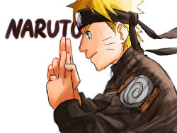 Rule 34 | 1boy, bad id, bad pixiv id, blonde hair, blue eyes, character name, closed mouth, forehead protector, hand gesture, highres, long sleeves, looking to the side, naruto (series), naruto shippuuden, pinoko (pnk623), short hair, simple background, smile, solo, uzumaki naruto, v-shaped eyebrows, white background