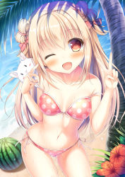Rule 34 | 1girl, ;d, animal, beach, bikini, blonde hair, blush, breasts, cat, day, food, fruit, highres, long hair, looking at viewer, navel, one eye closed, open mouth, original, red eyes, small breasts, smile, solo, swimsuit, taiki ken, untied bikini, v, watermelon, wet