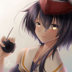 Rule 34 | 10s, 1girl, asymmetrical hair, black hair, brown eyes, close-up, dated, hair between eyes, headphones, headphones removed, highres, i-13 (kancolle), kantai collection, looking at viewer, open mouth, sailor collar, seiya (iiseven), short hair, signature, solo, upper body, white background