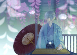 Rule 34 | 1boy, absurdres, blurry, board game, depth of field, flower, glasses, highres, japanese clothes, lantern, looking to the side, male focus, oil-paper umbrella, parasol, pom pom (clothes), sangatsu no lion, shogi, sitting, solo, sougentatata, souya touji, umbrella, white hair