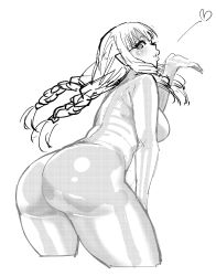 Rule 34 | 1girl, ass, bad id, bad tumblr id, blowing kiss, braid, curvy, elf-san wa yaserarenai., greyscale, heart, highres, hip focus, honeda (elf-san wa yaserarenai.), huge ass, long hair, monochrome, parted lips, pointy ears, simple background, sketch, solo, synecdoche, thick thighs, thighs, twin braids, white background, wide hips, x-ray