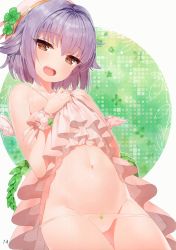 Rule 34 | 10s, 1girl, :d, absurdres, beige background, brown hair, clothes lift, clover, commentary request, dress, dress lift, four-leaf clover, grey hair, groin, hat, highres, idolmaster, idolmaster cinderella girls, jewelry, koshimizu sachiko, looking at viewer, lowleg, lowleg panties, mx2j, navel, necklace, no panties, open mouth, out-of-frame censoring, panties, short hair, simple background, smile, solo, stomach, underwear, unfinished, white background, white panties, wings, wrist cuffs