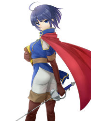 Rule 34 | 1girl, ahoge, arm behind back, ass, blue eyes, blue hair, book, boots, brown footwear, brown gloves, brown sash, cape, closed mouth, dark blue hair, elbow gloves, fire emblem, fire emblem: thracia 776, gloves, highres, holding, holding book, holding sword, holding weapon, looking at viewer, nintendo, olwen (fire emblem), puchiman, rapier, red cape, sash, short hair, simple background, smile, solo, split mouth, sword, thigh boots, weapon, white background
