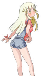 Rule 34 | 1girl, bang dream!, blonde hair, blouse, blush, feet out of frame, from behind, highres, long hair, looking back, overall shorts, overalls, shirt, smile, solo, standing, striped clothes, striped shirt, sumiyama, tsurumaki kokoro, white background, wristband, yellow eyes