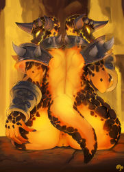 Rule 34 | 1girl, 2girls, anus, armor, ass, cleft of venus, from behind, furry, glowing, glowing eyes, krokobyaka, lava, monster girl, multiple girls, nude, pussy, sitting, tail, warcraft, world of warcraft, yellow eyes