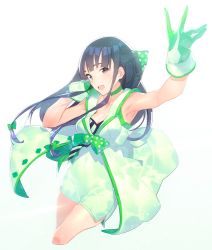 Rule 34 | 1girl, adjusting hair, black hair, breasts, cropped legs, dress, gloves, green gloves, kanjy00u, kuonji shizuka, long hair, looking at viewer, simple background, solo, tokyo 7th sisters, white background