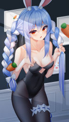 Rule 34 | 1girl, absurdres, animal ear fluff, animal ears, bare arms, bare shoulders, black leotard, black pantyhose, blue hair, bow, braid, breasts, carrot hair ornament, cleavage, collarbone, commentary, covered navel, cowboy shot, food-themed hair ornament, hair bow, hair ornament, highleg, highleg leotard, highres, holding, holding own hair, hololive, hsxxx, leotard, long hair, looking at viewer, medium breasts, multicolored hair, open mouth, pantyhose, playboy bunny, rabbit ears, red eyes, sidelocks, solo, strapless, strapless leotard, thick eyebrows, thigh gap, thigh strap, twin braids, two-tone hair, usada pekora, usada pekora (1st costume), very long hair, virtual youtuber, white bow, white hair