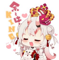 Rule 34 | 1girl, :3, :d, bell, blush, chibi, closed eyes, crown, double bun, english text, fang, gradient hair, grey hair, hair bell, hair bun, hair ornament, heart, holding, hololive, horns, jingle bell, long sleeves, mask, mask on head, multicolored hair, muuran, nakiri ayame, nakiri ayame (1st costume), oni, oni mask, open mouth, red hair, shiranui (nakiri ayame), simple background, skin-covered horns, smile, streaked hair, translation request, twitter username, two side up, upper body, virtual youtuber, white background, wide sleeves