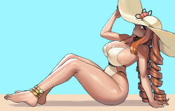 Rule 34 | 1girl, anklet, arm support, breasts, character request, commission, copyright request, covered erect nipples, donburi (donburikazoku), drill hair, from side, full body, hat, jewelry, large breasts, long hair, looking at viewer, orange hair, sitting, solo, sun hat, swimsuit, twintails