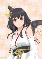 Rule 34 | 1girl, absurdres, black hair, breasts, detached sleeves, hair ornament, highres, japanese clothes, kantai collection, medium breasts, nontraditional miko, obi, red eyes, ribbon-trimmed sleeves, ribbon trim, rigging, sash, short hair, short hair with long locks, sidelocks, smile, solo, sorairo haruka, upper body, wide sleeves, yamashiro (kancolle)