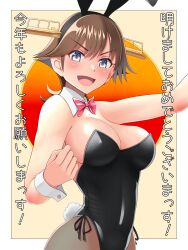 Rule 34 | 1girl, animal ears, black leotard, black pantyhose, blush, breasts, brown hair, cleavage, commentary, detached sleeves, fake animal ears, fake tail, grey eyes, hair between eyes, headgear, hiei (kancolle), highres, kantai collection, large breasts, leotard, looking at viewer, open mouth, pantyhose, playboy bunny, rabbit ears, rabbit tail, short hair, smile, solo, strapless, strapless leotard, tail, translated, tussy, wrist cuffs