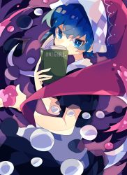 Rule 34 | 1girl, black dress, blue hair, book, commentary, covered mouth, doremy sweet, dream soul, dress, hat, highres, holding, holding book, looking at viewer, multicolored clothes, multicolored dress, nightcap, nikorashi-ka, one-hour drawing challenge, pom pom (clothes), red hat, short hair, solo, touhou, white dress