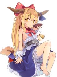 Rule 34 | 1girl, bad id, bad twitter id, bare arms, bare legs, barefoot, belt, blonde hair, bloomers, blue skirt, blunt bangs, bow, breasts, chain, cup, feet, hair bow, highres, horns, ibuki suika, kedama milk, long hair, looking at viewer, low-tied long hair, miniskirt, no bra, pointy ears, red bow, sakazuki, shirt, simple background, sitting, skirt, sleeveless, sleeveless shirt, small breasts, solo, touhou, underwear, very long hair, white background, white shirt, wrist cuffs, yellow eyes