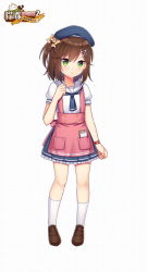 Rule 34 | 1girl, beret, blue hat, blue neckwear, blue skirt, blush, bow, brown bow, brown footwear, brown hair, character request, closed mouth, frilled skirt, frills, full body, green eyes, hair bow, hair ornament, hairclip, hand up, hat, hitsuki rei, loafers, looking at viewer, official art, one side up, pleated skirt, puffy short sleeves, puffy sleeves, sailor collar, school uniform, serafuku, shirt, shoes, short sleeves, skirt, snowdreams -lost in winter-, socks, solo, standing, uniform, v-shaped eyebrows, waitress, watch, white sailor collar, white shirt, white socks, wristwatch