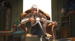 Rule 34 | 1girl, ahoge, alcohol, armchair, black footwear, black necktie, black pants, book, bookshelf, bottle, breasts, capelet, chair, clock, collared shirt, commentary, crossed legs, cup, diagonal-striped clothes, diagonal-striped necktie, drinking glass, fingernails, foot out of frame, grandfather clock, grey capelet, halo ahoge, highres, holding, holding cup, indoors, jack daniel&#039;s, lamp, long hair, long sleeves, looking at viewer, medium breasts, necktie, original, painting (object), pants, parted lips, plant, potted plant, red eyes, shirt, shoes, sitting, slit pupils, socks, sogalus, solo, striped clothes, table, tablecloth, white hair, white shirt