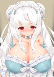 Rule 34 | 1girl, ahoge, apron, azur lane, bare shoulders, bea (bropmlk), blue bow, blue dress, blush, bow, braid, braided bun, breasts, cleavage, closed mouth, collarbone, covered erect nipples, cup, cygnet (an offer to be maid) (azur lane), cygnet (azur lane), detached collar, double bun, dress, frilled apron, frilled dress, frills, green background, hair bow, hair bun, heart, highres, holding, holding cup, huge breasts, long hair, looking at viewer, maid, maid headdress, milk, nose blush, red eyes, shiny skin, sidelocks, simple background, smile, solo, strapless, strapless dress, sweat, waist apron, white apron, white hair, wing collar, wrist cuffs
