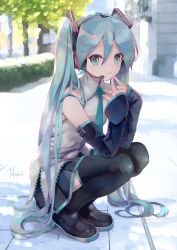 Rule 34 | 1girl, aqua eyes, aqua hair, aqua necktie, bare shoulders, black skirt, black sleeves, black thighhighs, blurry, blurry background, commentary, detached sleeves, english commentary, finger to cheek, full body, grey shirt, hair ornament, hatsune miku, headphones, headset, highres, light smile, long hair, looking at viewer, necktie, outdoors, road, shirt, sidewalk, signature, skirt, sleeveless, sleeveless shirt, solo, squatting, street, takepon1123, thighhighs, tree, twintails, very long hair, vocaloid, zettai ryouiki