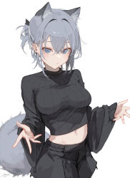 Rule 34 | 1girl, absurdres, animal ear fluff, animal ears, black shorts, black sweater, blue eyes, blush, breasts, closed mouth, commentary request, crop top, grey hair, hair between eyes, hair intakes, highres, long sleeves, looking at viewer, mayogii, medium breasts, midriff, navel, original, puffy long sleeves, puffy sleeves, ribbed sweater, shorts, simple background, sleeves past wrists, solo, sweater, tail, white background