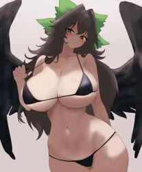 Rule 34 | 1girl, absurdres, bikini, bikini pull, bird wings, black bikini, black hair, black wings, blush, bow, breasts, cleavage, clothes pull, collarbone, commentary request, green bow, grey background, hair bow, hair intakes, head tilt, highres, huge breasts, long hair, moriforest1040, navel, pulled by self, reiuji utsuho, simple background, solo, swimsuit, touhou, wings