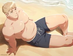 Rule 34 | 1boy, bara, beach, belly, black male swimwear, blonde hair, brown eyes, closed mouth, commentary, dungeon meshi, english commentary, fat, fat man, from above, highres, laios touden, large pectorals, male focus, male swimwear, muscular, muscular male, navel, nifast (greentail), nipples, pectorals, short hair, sitting, solo, topless male