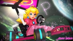 Rule 34 | 1girl, 3d, aircraft, artist name, blonde hair, commentary, crown, dress, earrings, elbow gloves, english commentary, glider, gloves, go-kart, highres, jewelry, long hair, looking at viewer, mario (series), mario kart, mikumikudance (medium), nintendo, parted lips, pink dress, princess peach, puffy short sleeves, puffy sleeves, short sleeves, smile, solo, space, vehicle focus, waving, white gloves