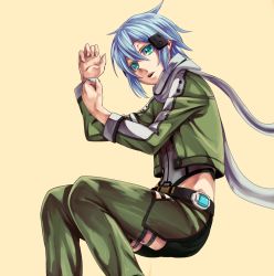 Rule 34 | 10s, 1girl, bad id, bad pixiv id, belt, blue hair, chaps, from side, green eyes, grey scarf, hair between eyes, hair ornament, long sleeves, looking at viewer, looking to the side, parted lips, scarf, shimotsuki shio, short hair, short shorts, shorts, sinon, solo, sword art online