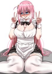 Rule 34 | 1girl, absurdres, apron, black bow, black bowtie, black dress, blue eyes, blush, bocchi the rock!, bow, bowtie, breasts, breath, cleavage, collar, detached collar, double v, dress, embarrassed, eyebrows, eyelashes, feet out of frame, female focus, gotoh hitori, hands up, highres, large breasts, long hair, looking afar, looking down, looking to the side, maid, maid apron, nervous, nervous smile, nose blush, official alternate costume, open mouth, pink hair, scared, short sleeves, simple background, sitting, smile, solo, tears, thighhighs, turn pale, v, wariza, white apron, white background, white collar, white thighhighs, white wrist cuffs, woo (woosan), wrist cuffs