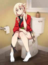 Rule 34 | 1girl, arm rest, bare legs, bathroom, blonde hair, closed mouth, elbow rest, hair ribbon, hand up, highres, japanese clothes, kimono, looking at viewer, lycoris recoil, nishikigi chisato, one side up, panties, panties around leg, plant, potted plant, red eyes, red kimono, red ribbon, ribbon, sbel02, short hair, sitting, socks, solo, thighs, toilet, toilet paper, toilet use, underwear, white socks
