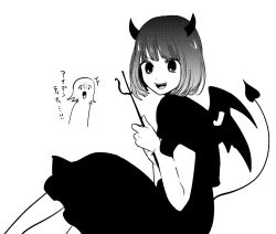 Rule 34 | 2girls, ^^^, arima kana, bob cut, commentary request, demon girl, demon horns, demon tail, demon wings, flipped hair, from side, gloom (expression), greyscale, highres, holding trident, horns, knees up, looking at another, looking to the side, mem-cho, monochrome, multiple girls, open mouth, oshi no ko, short hair, simple background, sitting, smile, tail, teeth, translation request, upper teeth only, w arms, white background, wings, yokoyari mengo