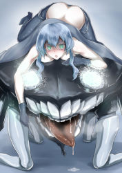 Rule 34 | 10s, 1girl, abyssal ship, aqua eyes, bifidus, breasts, cape, kantai collection, lying, monster, no headwear, role reversal, silver hair, tongue, tongue out, wo-class aircraft carrier