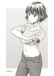 Rule 34 | 1girl, closed mouth, clothes lift, dated, denim, highres, horikou, jeans, lifted by self, midriff, monochrome, navel, panties, pants, shima saki, shirt, shirt lift, short hair, short sleeves, signature, solo, underwear, undressing, yurucamp