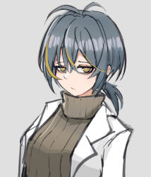 Rule 34 | 1girl, ahoge, blonde hair, brown sweater, coat, grey background, grey hair, hair behind ear, highres, hololive, hololive english, lab coat, m r b, medium hair, multicolored hair, sketch, solo, streaked hair, sweater, turtleneck, turtleneck sweater, upper body, virtual youtuber, white coat, world of darkness, yellow eyes, yuul b alwright (ninomae ina&#039;nis)