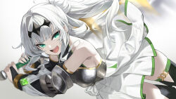 Rule 34 | 1girl, aqua eyes, bare shoulders, character request, looking at viewer, open mouth, sleeveless, solo, white hair, yappen