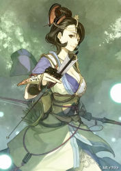 Rule 34 | 1girl, arrow (projectile), black hair, bow (weapon), breasts, brown eyes, cleavage, cowboy shot, expressionless, hair ornament, hidari (left side), holding, large breasts, looking at viewer, nagi (toukiden), solo, toukiden, weapon