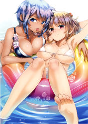 Rule 34 | 2girls, absurdres, arm behind head, armpits, arms up, asymmetrical docking, bare legs, barefoot, bikini, blue eyes, blue hair, breast press, breasts, breasts apart, cleavage, covered erect nipples, dark-skinned female, dark skin, feet, front-tie bikini top, front-tie top, hair ornament, highres, innertube, koume keito, large breasts, light brown hair, looking at viewer, multiple girls, outdoors, partially submerged, reclining, red eyes, scan, smile, soles, string bikini, swim ring, swimsuit, toes, tongue, tongue out, toranoana, water, white bikini