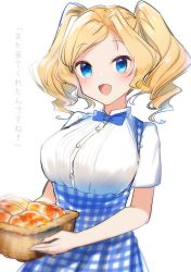 Rule 34 | 1girl, apron, basket, blonde hair, blue apron, blue bow, blue bowtie, blue eyes, bow, bowtie, bread, breasts, commentary request, cowboy shot, drill hair, employee uniform, food, gingham apron, high-waist skirt, honolulu (kancolle), kantai collection, kobeya, kobeya uniform, large breasts, long hair, looking at viewer, one-hour drawing challenge, plaid, plaid apron, pleated shirt, simple background, skirt, smile, solo, translation request, twin drills, twintails, uniform, waitress, white background, yamashichi (mtseven)