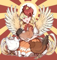 Rule 34 | 1girl, animal, animal on head, bird, blonde hair, chick, chicken, dress, feathered wings, highres, holding, holding animal, looking at viewer, mefomefo, multicolored hair, niwatari kutaka, on head, open mouth, puffy short sleeves, puffy sleeves, red eyes, red hair, red ribbon, ribbon, shirt, short hair, short sleeves, solo, touhou, two-tone hair, white shirt, wings