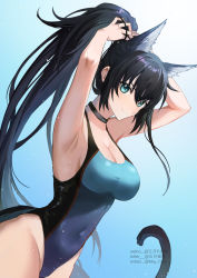 Rule 34 | 1girl, alternate costume, animal ears, arknights, arms up, black collar, black hair, blaze (arknights), blue eyes, blue one-piece swimsuit, breasts, casual one-piece swimsuit, cat ears, cat girl, cat tail, cleavage, collar, covered navel, cowboy shot, extra ears, gogatsu fukuin, groin, highres, large breasts, long hair, looking at viewer, one-piece swimsuit, red pupils, sidelocks, smile, solo, swimsuit, tail, tying hair, very long hair