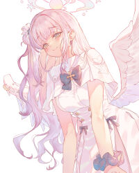 Rule 34 | 1girl, absurdres, black bow, blue archive, blush, bow, breasts, brown eyes, capelet, closed mouth, commentary request, dress, feathered wings, hair bun, half-closed eyes, halo, highres, long hair, medium breasts, mika (blue archive), one side up, pink hair, simple background, single side bun, smile, solo, torano, very long hair, white background, white capelet, white dress, white wings, wings, wrist cuffs