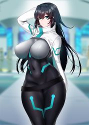 Rule 34 | 1girl, aqua eyes, arm behind back, belt, black hair, bodysuit, breasts, commentary request, covered navel, dated, covered erect nipples, gundam, gundam build divers, gundam build divers re:rise, highres, large breasts, long hair, may (gundam build divers re:rise), solo, thighs, twitter username, wide hips, xiangzi box