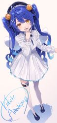 Rule 34 | 1girl, absurdres, ahoge, amamiya kokoro, bell, beret, blue hair, character name, covering own mouth, dress, fang, frilled sleeves, frills, full body, hair bell, hair ornament, hat, highres, jingle bell, kerorira, long hair, long sleeves, nijisanji, open mouth, shadow, smile, solo, thigh strap, thighhighs, twintails, virtual youtuber, wavy hair, white dress, wings, x hair ornament, yellow eyes